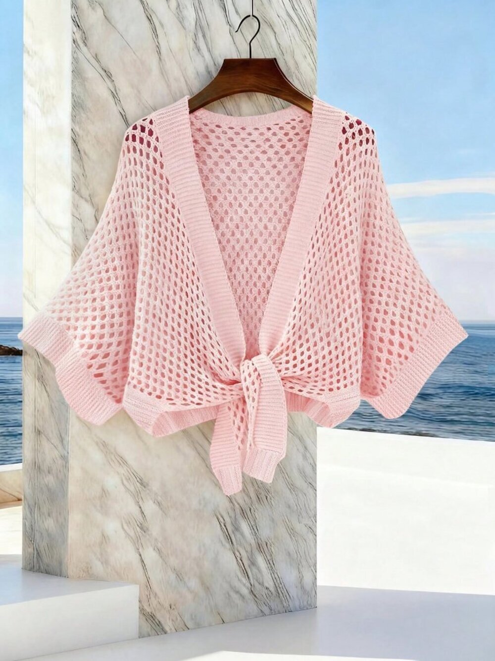 Pink Casual Women's Hollow V-Neck Tie-Up Loose Versatile Sexy Cardigan